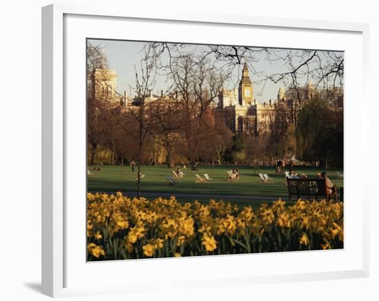 Daffodils in St. James's Park, with Big Ben Behind, London, England, United Kingdom-I Vanderharst-Framed Photographic Print