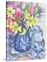 Daffodils, Tulips and Irises with Blue Antique Pots-Joan Thewsey-Stretched Canvas