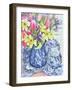 Daffodils, Tulips and Irises with Blue Antique Pots-Joan Thewsey-Framed Giclee Print