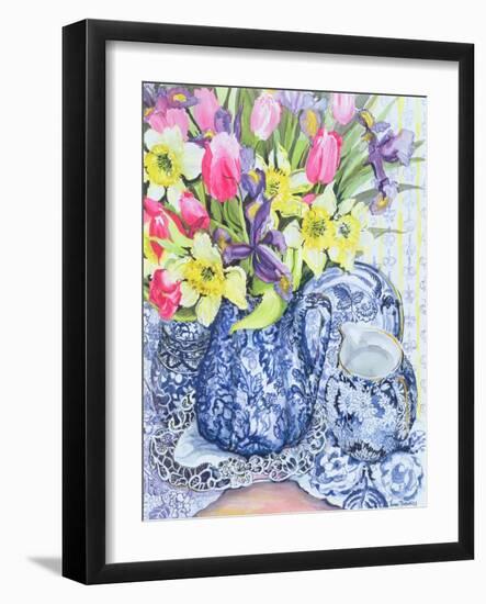 Daffodils, Tulips and Irises with Blue Antique Pots-Joan Thewsey-Framed Giclee Print