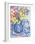 Daffodils, Tulips and Irises with Blue Antique Pots-Joan Thewsey-Framed Giclee Print