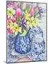 Daffodils, Tulips and Irises with Blue Antique Pots-Joan Thewsey-Mounted Giclee Print