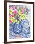 Daffodils, Tulips and Irises with Blue Antique Pots-Joan Thewsey-Framed Giclee Print