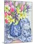 Daffodils, Tulips and Irises with Blue Antique Pots-Joan Thewsey-Mounted Giclee Print