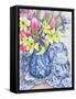 Daffodils, Tulips and Irises with Blue Antique Pots-Joan Thewsey-Framed Stretched Canvas
