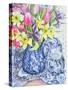 Daffodils, Tulips and Irises with Blue Antique Pots-Joan Thewsey-Stretched Canvas