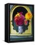 Dahlia Flowers in Vase, Ornate Window Frame, Bellingham, Washington, USA-Steve Satushek-Framed Stretched Canvas