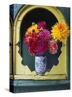 Dahlia Flowers in Vase, Ornate Window Frame, Bellingham, Washington, USA-Steve Satushek-Stretched Canvas