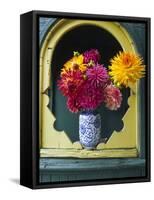 Dahlia Flowers in Vase, Ornate Window Frame, Bellingham, Washington, USA-Steve Satushek-Framed Stretched Canvas