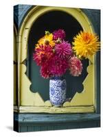 Dahlia Flowers in Vase, Ornate Window Frame, Bellingham, Washington, USA-Steve Satushek-Stretched Canvas