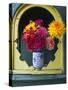 Dahlia Flowers in Vase, Ornate Window Frame, Bellingham, Washington, USA-Steve Satushek-Stretched Canvas