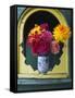 Dahlia Flowers in Vase, Ornate Window Frame, Bellingham, Washington, USA-Steve Satushek-Framed Stretched Canvas