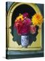 Dahlia Flowers in Vase, Ornate Window Frame, Bellingham, Washington, USA-Steve Satushek-Stretched Canvas