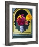 Dahlia Flowers in Vase, Ornate Window Frame, Bellingham, Washington, USA-Steve Satushek-Framed Photographic Print