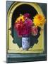 Dahlia Flowers in Vase, Ornate Window Frame, Bellingham, Washington, USA-Steve Satushek-Mounted Photographic Print