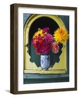 Dahlia Flowers in Vase, Ornate Window Frame, Bellingham, Washington, USA-Steve Satushek-Framed Photographic Print