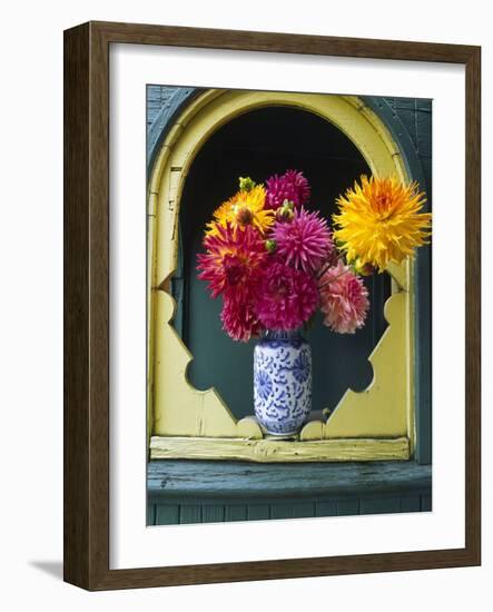 Dahlia Flowers in Vase, Ornate Window Frame, Bellingham, Washington, USA-Steve Satushek-Framed Photographic Print