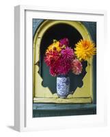 Dahlia Flowers in Vase, Ornate Window Frame, Bellingham, Washington, USA-Steve Satushek-Framed Photographic Print