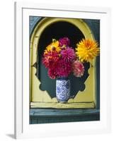 Dahlia Flowers in Vase, Ornate Window Frame, Bellingham, Washington, USA-Steve Satushek-Framed Photographic Print