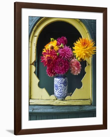 Dahlia Flowers in Vase, Ornate Window Frame, Bellingham, Washington, USA-Steve Satushek-Framed Photographic Print