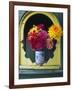 Dahlia Flowers in Vase, Ornate Window Frame, Bellingham, Washington, USA-Steve Satushek-Framed Photographic Print