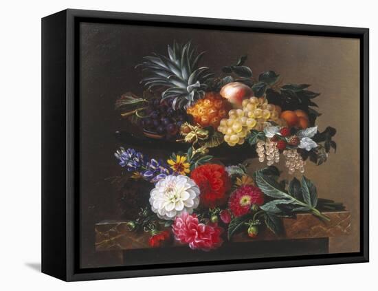 Dahlias, Lupin and Coreopsis in a Greek Kylix-Johan Laurentz Jensen-Framed Stretched Canvas