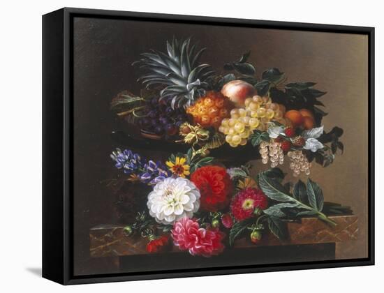 Dahlias, Lupin and Coreopsis in a Greek Kylix-Johan Laurentz Jensen-Framed Stretched Canvas