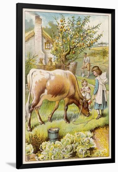 Dairy Cow with Two Girls-null-Framed Art Print