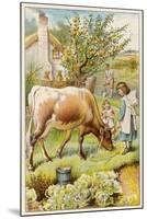 Dairy Cow with Two Girls-null-Mounted Art Print