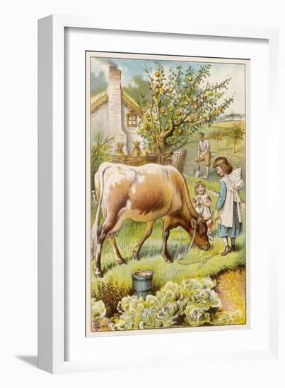 Dairy Cow with Two Girls-null-Framed Art Print
