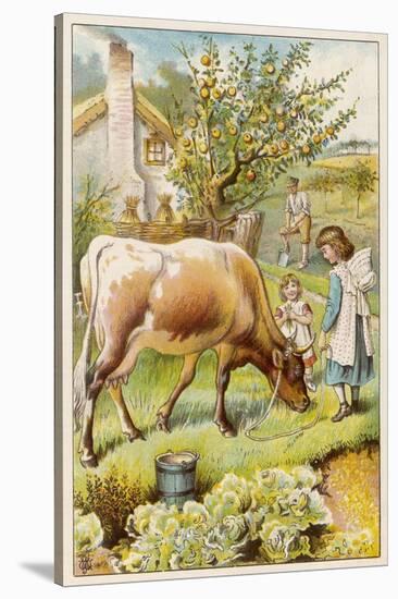 Dairy Cow with Two Girls-null-Stretched Canvas