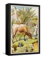 Dairy Cow with Two Girls-null-Framed Stretched Canvas