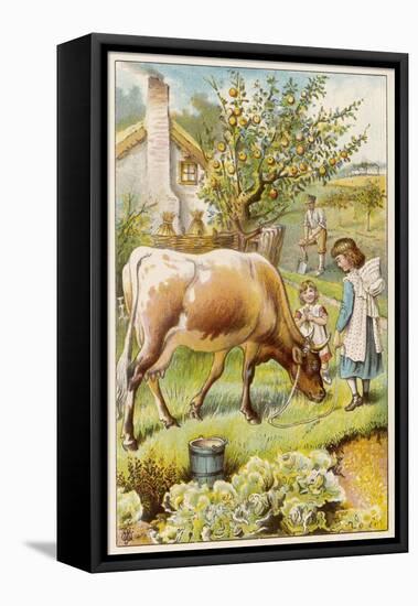 Dairy Cow with Two Girls-null-Framed Stretched Canvas