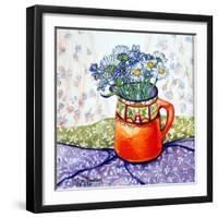 Daisies and Forget-Me-Nots Orange Jug and Patterned Fabric, 2015-Joan Thewsey-Framed Giclee Print