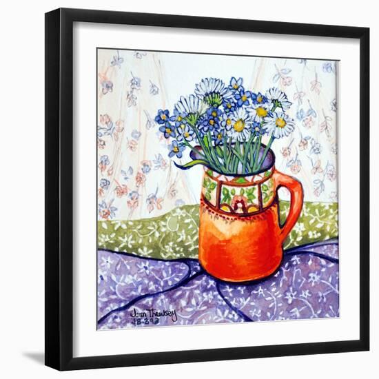 Daisies and Forget-Me-Nots Orange Jug and Patterned Fabric, 2015-Joan Thewsey-Framed Giclee Print