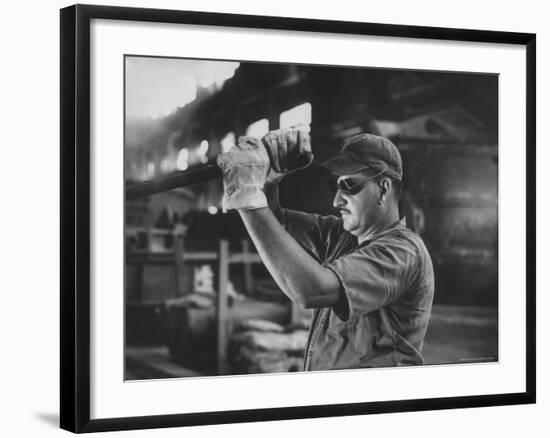 Dale Clover Skilled Steel Worker at Allegheny Ludlum Mill Uses Handled Test Spoon to Sample Steel-Peter Stackpole-Framed Photographic Print