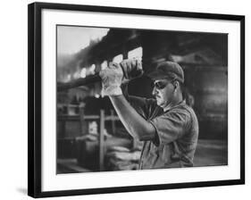 Dale Clover Skilled Steel Worker at Allegheny Ludlum Mill Uses Handled Test Spoon to Sample Steel-Peter Stackpole-Framed Photographic Print