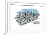 Dallas, Texas - Cityscape - Line Drawing-Lantern Press-Framed Art Print