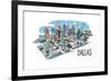 Dallas, Texas - Cityscape - Line Drawing-Lantern Press-Framed Art Print