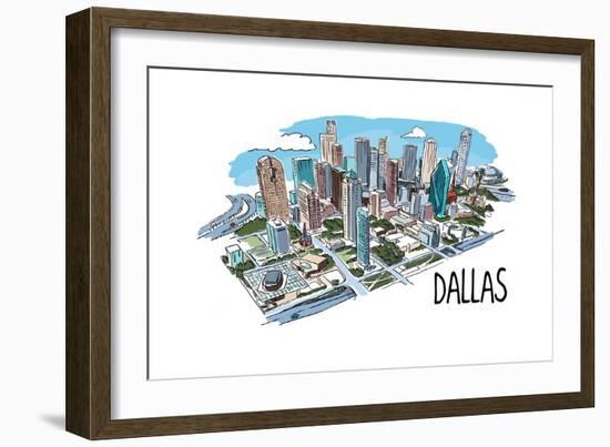 Dallas, Texas - Cityscape - Line Drawing-Lantern Press-Framed Art Print