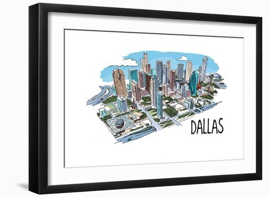 Dallas, Texas - Cityscape - Line Drawing-Lantern Press-Framed Art Print