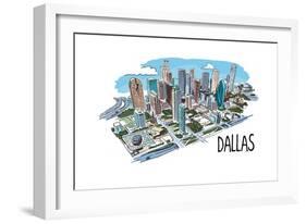 Dallas, Texas - Cityscape - Line Drawing-Lantern Press-Framed Art Print