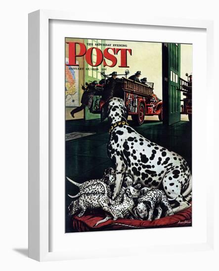 "Dalmatian and Pups," Saturday Evening Post Cover, January 13, 1945-Stevan Dohanos-Framed Giclee Print