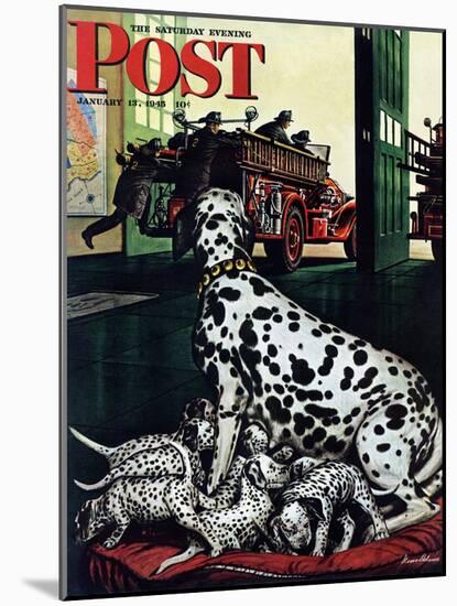 "Dalmatian and Pups," Saturday Evening Post Cover, January 13, 1945-Stevan Dohanos-Mounted Giclee Print