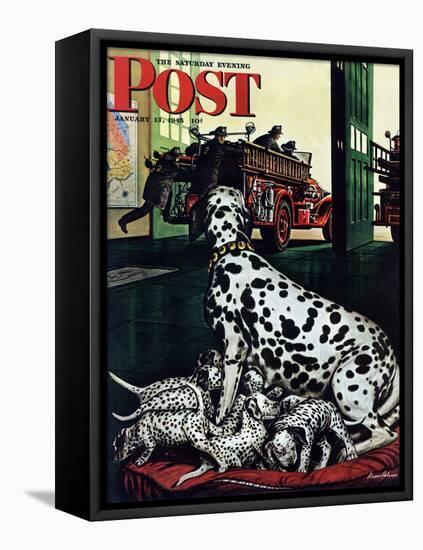 "Dalmatian and Pups," Saturday Evening Post Cover, January 13, 1945-Stevan Dohanos-Framed Stretched Canvas