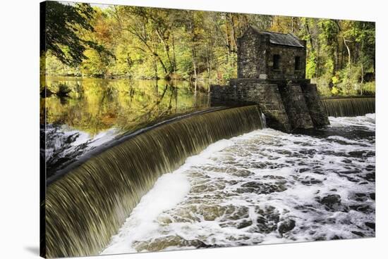 Dam and Waterfall on Speedwell Lake During Autumn, New Jersey-George Oze-Stretched Canvas