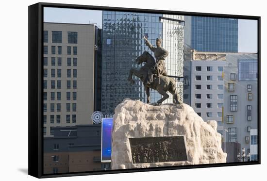 Damdin Sukhbaatar statue with skyscrapers in the background, Ulan Bator, Mongolia, Central Asia, As-Francesco Vaninetti-Framed Stretched Canvas