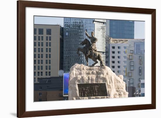 Damdin Sukhbaatar statue with skyscrapers in the background, Ulan Bator, Mongolia, Central Asia, As-Francesco Vaninetti-Framed Photographic Print