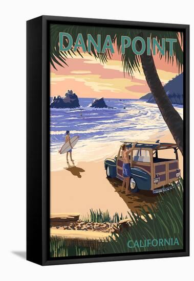 Dana Point, California - Woody on Beach (Palm Tree Version)-Lantern Press-Framed Stretched Canvas