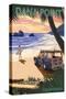 Dana Point, California - Woody on Beach (Palm Tree Version)-Lantern Press-Stretched Canvas